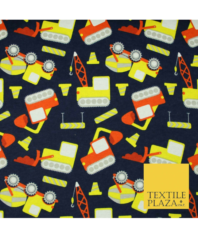Navy Blue Construction Lorry Kids Brushed Cotton Winceyette Fabric Flannel 5517