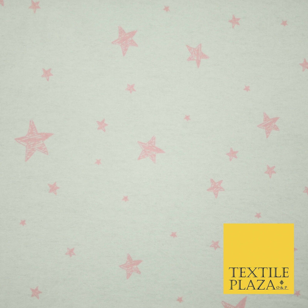 White Baby Pink Sketch Multi Star Brushed Cotton Winceyette Fabric Flannel 5533