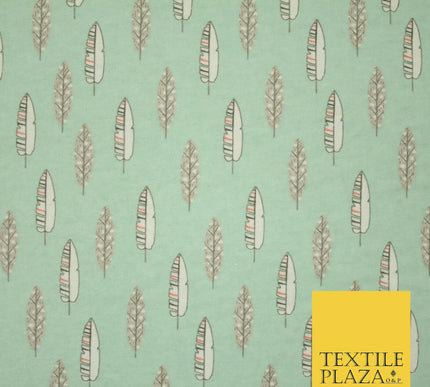 Pale Mint Green Artsy Feathers Brushed Cotton Winceyette Fabric Flannel 5521