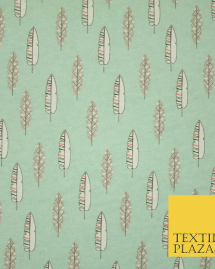 Pale Mint Green Artsy Feathers Brushed Cotton Winceyette Fabric Flannel 5521