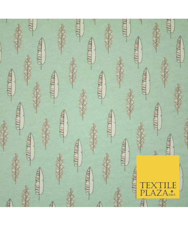 Pale Mint Green Artsy Feathers Brushed Cotton Winceyette Fabric Flannel 5521