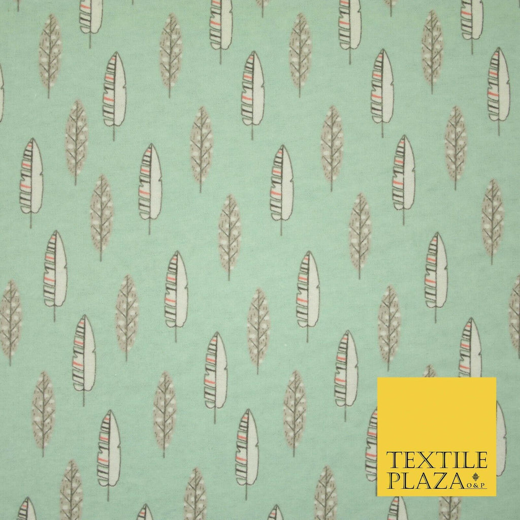 Pale Mint Green Artsy Feathers Brushed Cotton Winceyette Fabric Flannel 5521
