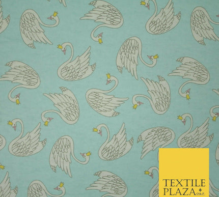 Aqua Blue Swans Princess Crown Kid Brushed Cotton Winceyette Fabric Flannel 5529