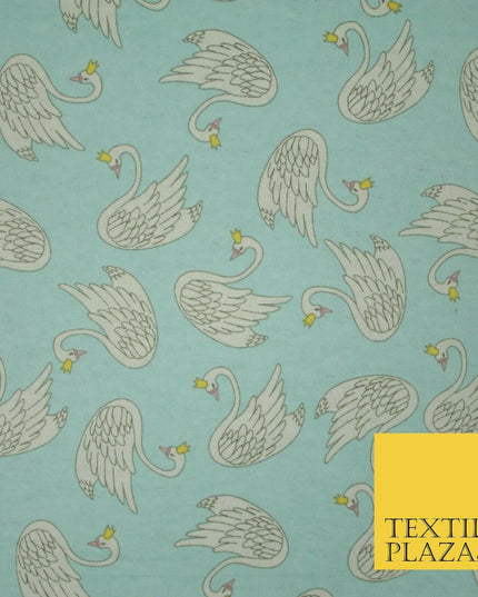 Aqua Blue Swans Princess Crown Kid Brushed Cotton Winceyette Fabric Flannel 5529