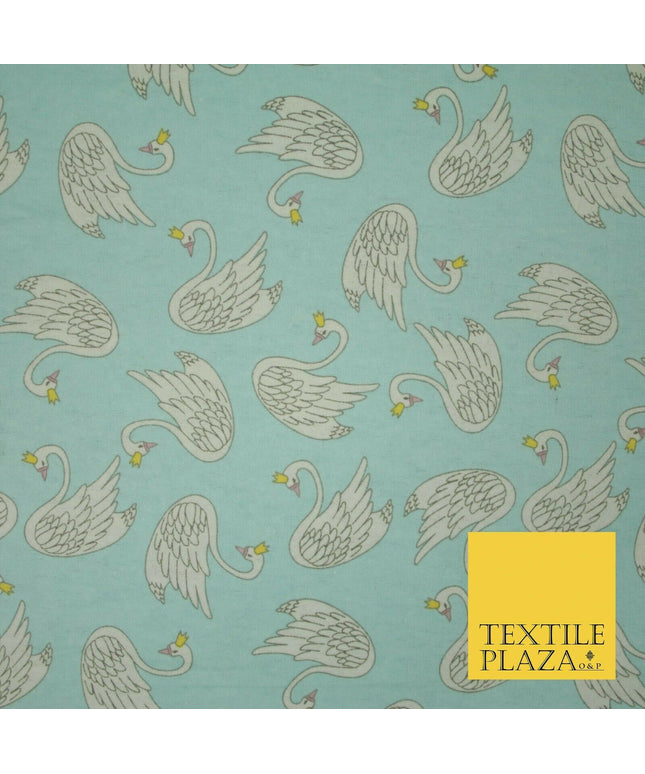Aqua Blue Swans Princess Crown Kid Brushed Cotton Winceyette Fabric Flannel 5529