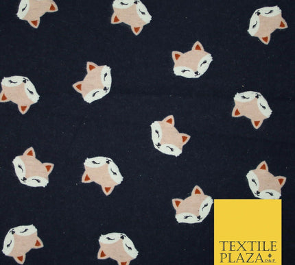 Navy Blue Shy Foxes Playful Kids Brushed Cotton Winceyette Fabric Flannel 5524
