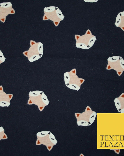 Navy Blue Shy Foxes Playful Kids Brushed Cotton Winceyette Fabric Flannel 5524