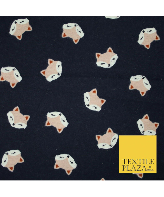 Navy Blue Shy Foxes Playful Kids Brushed Cotton Winceyette Fabric Flannel 5524