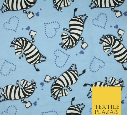 Baby Blue Cheeky Zebra Hearts Brushed Cotton Winceyette Fabric Flannel Kids 5514