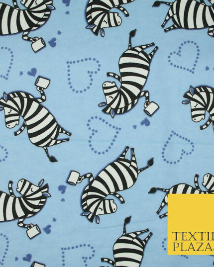 Baby Blue Cheeky Zebra Hearts Brushed Cotton Winceyette Fabric Flannel Kids 5514