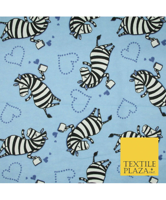 Baby Blue Cheeky Zebra Hearts Brushed Cotton Winceyette Fabric Flannel Kids 5514