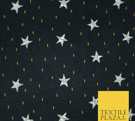 Navy Blue Sketch Stars Yellow Dash Brushed Cotton Winceyette Fabric Flannel 5531