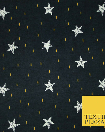 Navy Blue Sketch Stars Yellow Dash Brushed Cotton Winceyette Fabric Flannel 5531