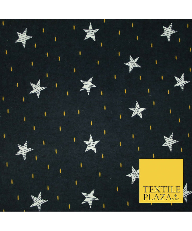 Navy Blue Sketch Stars Yellow Dash Brushed Cotton Winceyette Fabric Flannel 5531