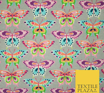 Grey Colourful Artsy Butterflies Brushed Cotton Winceyette Fabric Flannel 5525