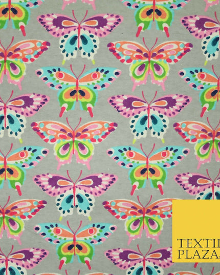 Grey Colourful Artsy Butterflies Brushed Cotton Winceyette Fabric Flannel 5525