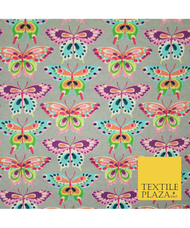 Grey Colourful Artsy Butterflies Brushed Cotton Winceyette Fabric Flannel 5525