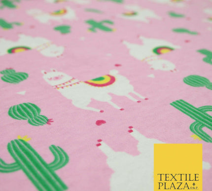 Pink Llama Cactus Rainbow Alpaca Brushed Cotton Winceyette Fabric Flannel 5516
