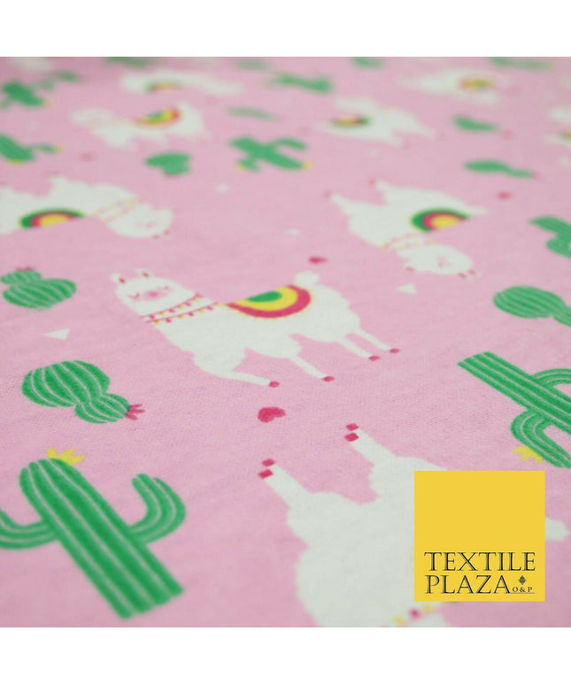 Pink Llama Cactus Rainbow Alpaca Brushed Cotton Winceyette Fabric Flannel 5516