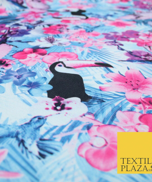 Blue Pink Toucan Bird Tropical Floral Wildlife Panama Bi-Stretch Fabric 58" 5513