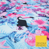 Blue Pink Toucan Bird Tropical Floral Wildlife Panama Bi-Stretch Fabric 58" 5513