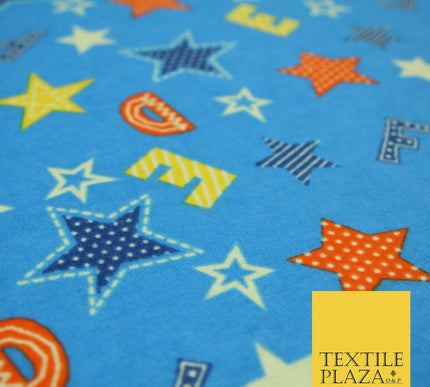 Turquoise Alphabet Stars Stripes Brushed Cotton Winceyette Fabric Flannel 5518