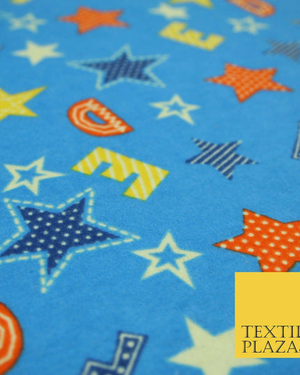Turquoise Alphabet Stars Stripes Brushed Cotton Winceyette Fabric Flannel 5518