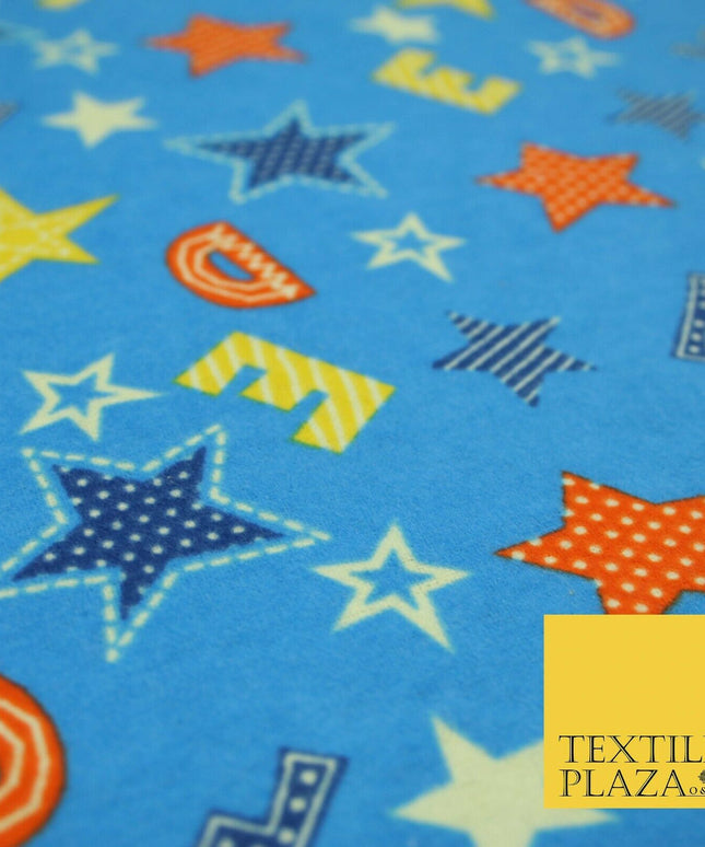 Turquoise Alphabet Stars Stripes Brushed Cotton Winceyette Fabric Flannel 5518