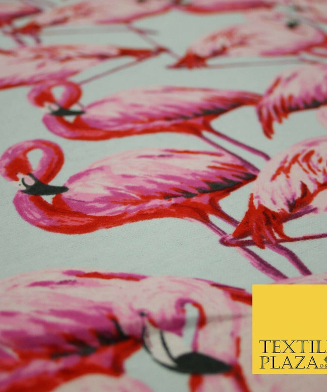 Pale Aqua Blue Large Flamingos Brushed Cotton Winceyette Fabric Flannel 5530