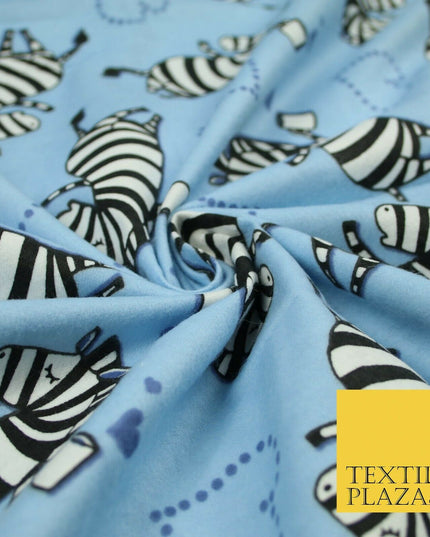 Baby Blue Cheeky Zebra Hearts Brushed Cotton Winceyette Fabric Flannel Kids 5514