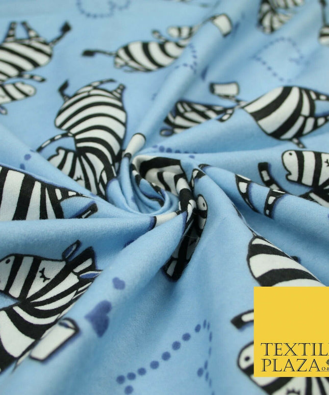 Baby Blue Cheeky Zebra Hearts Brushed Cotton Winceyette Fabric Flannel Kids 5514