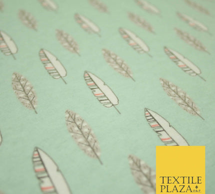 Pale Mint Green Artsy Feathers Brushed Cotton Winceyette Fabric Flannel 5521