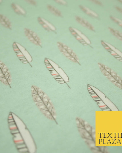 Pale Mint Green Artsy Feathers Brushed Cotton Winceyette Fabric Flannel 5521