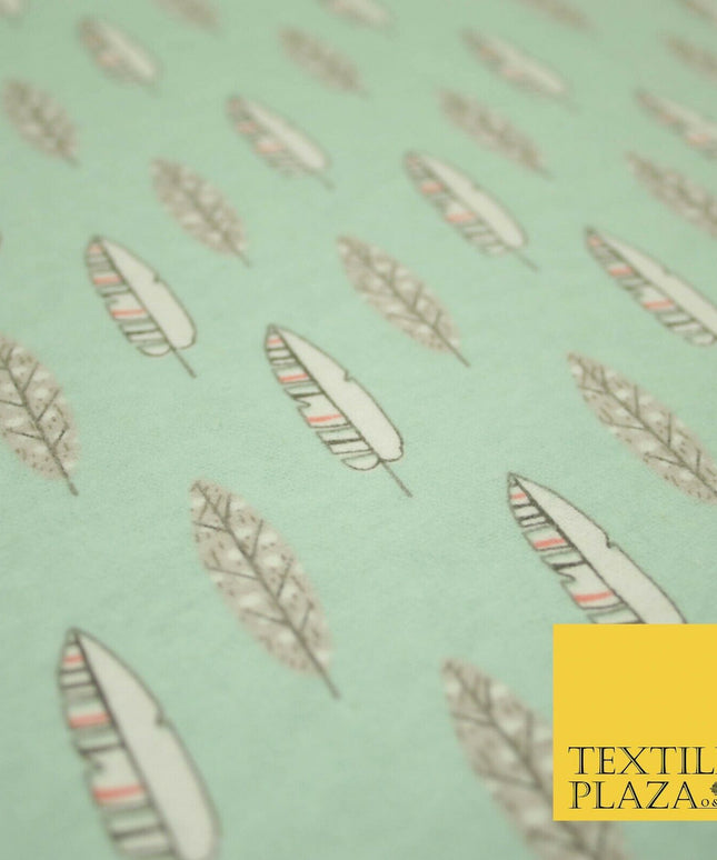 Pale Mint Green Artsy Feathers Brushed Cotton Winceyette Fabric Flannel 5521