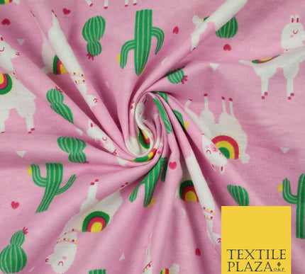 Pink Llama Cactus Rainbow Alpaca Brushed Cotton Winceyette Fabric Flannel 5516