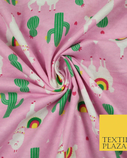 Pink Llama Cactus Rainbow Alpaca Brushed Cotton Winceyette Fabric Flannel 5516