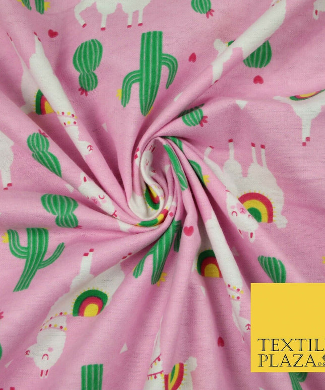 Pink Llama Cactus Rainbow Alpaca Brushed Cotton Winceyette Fabric Flannel 5516