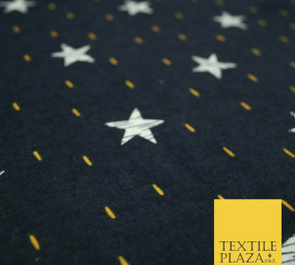 Navy Blue Sketch Stars Yellow Dash Brushed Cotton Winceyette Fabric Flannel 5531
