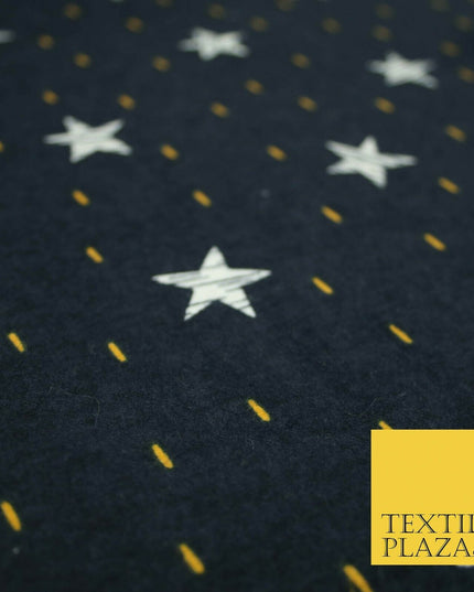 Navy Blue Sketch Stars Yellow Dash Brushed Cotton Winceyette Fabric Flannel 5531