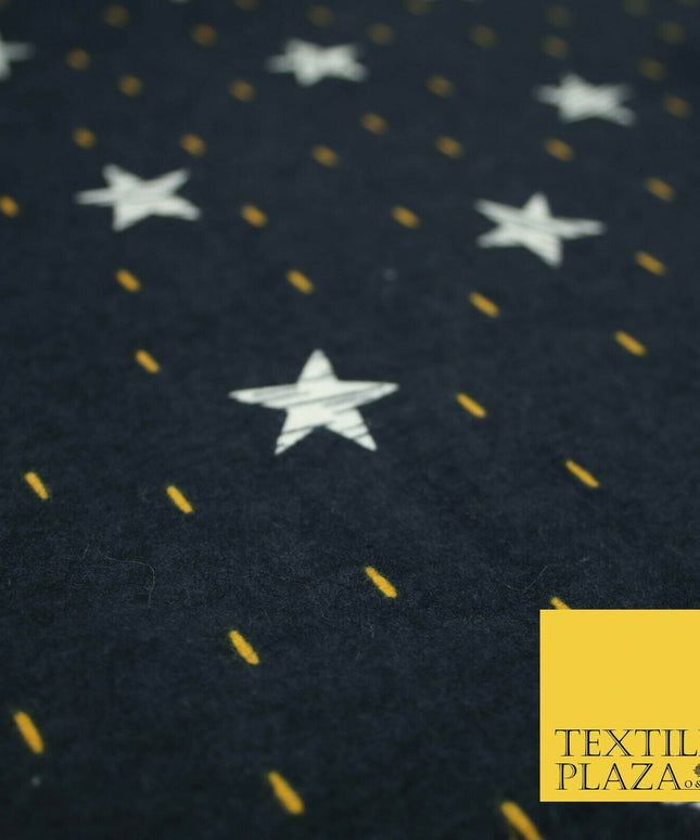 Navy Blue Sketch Stars Yellow Dash Brushed Cotton Winceyette Fabric Flannel 5531