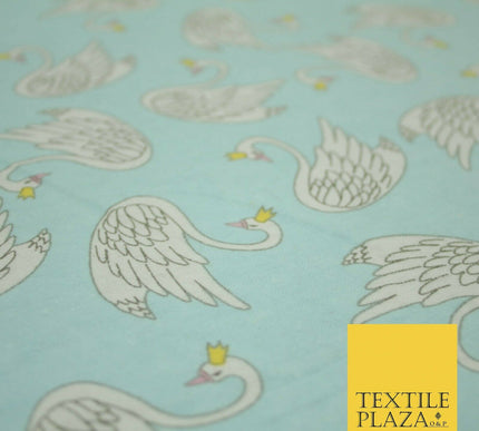 Aqua Blue Swans Princess Crown Kid Brushed Cotton Winceyette Fabric Flannel 5529