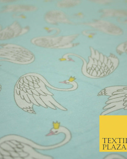 Aqua Blue Swans Princess Crown Kid Brushed Cotton Winceyette Fabric Flannel 5529