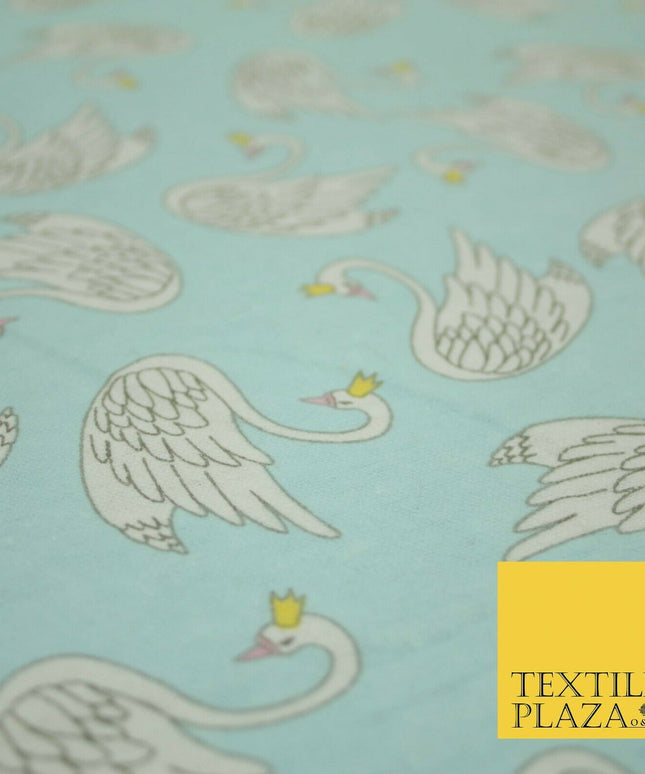 Aqua Blue Swans Princess Crown Kid Brushed Cotton Winceyette Fabric Flannel 5529