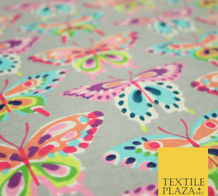 Grey Colourful Artsy Butterflies Brushed Cotton Winceyette Fabric Flannel 5525