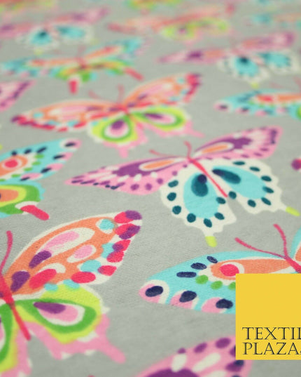 Grey Colourful Artsy Butterflies Brushed Cotton Winceyette Fabric Flannel 5525