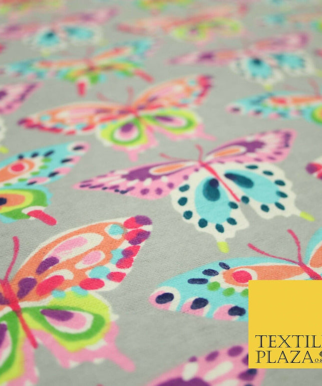 Grey Colourful Artsy Butterflies Brushed Cotton Winceyette Fabric Flannel 5525
