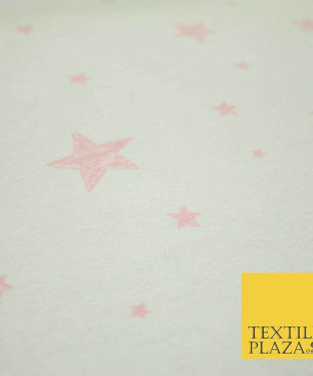 White Baby Pink Sketch Multi Star Brushed Cotton Winceyette Fabric Flannel 5533