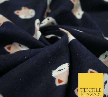 Navy Blue Shy Foxes Playful Kids Brushed Cotton Winceyette Fabric Flannel 5524