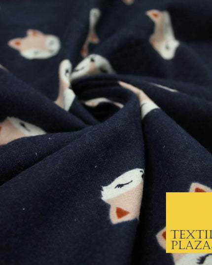 Navy Blue Shy Foxes Playful Kids Brushed Cotton Winceyette Fabric Flannel 5524