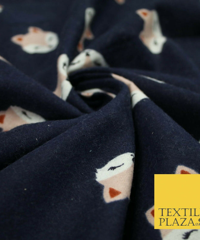 Navy Blue Shy Foxes Playful Kids Brushed Cotton Winceyette Fabric Flannel 5524
